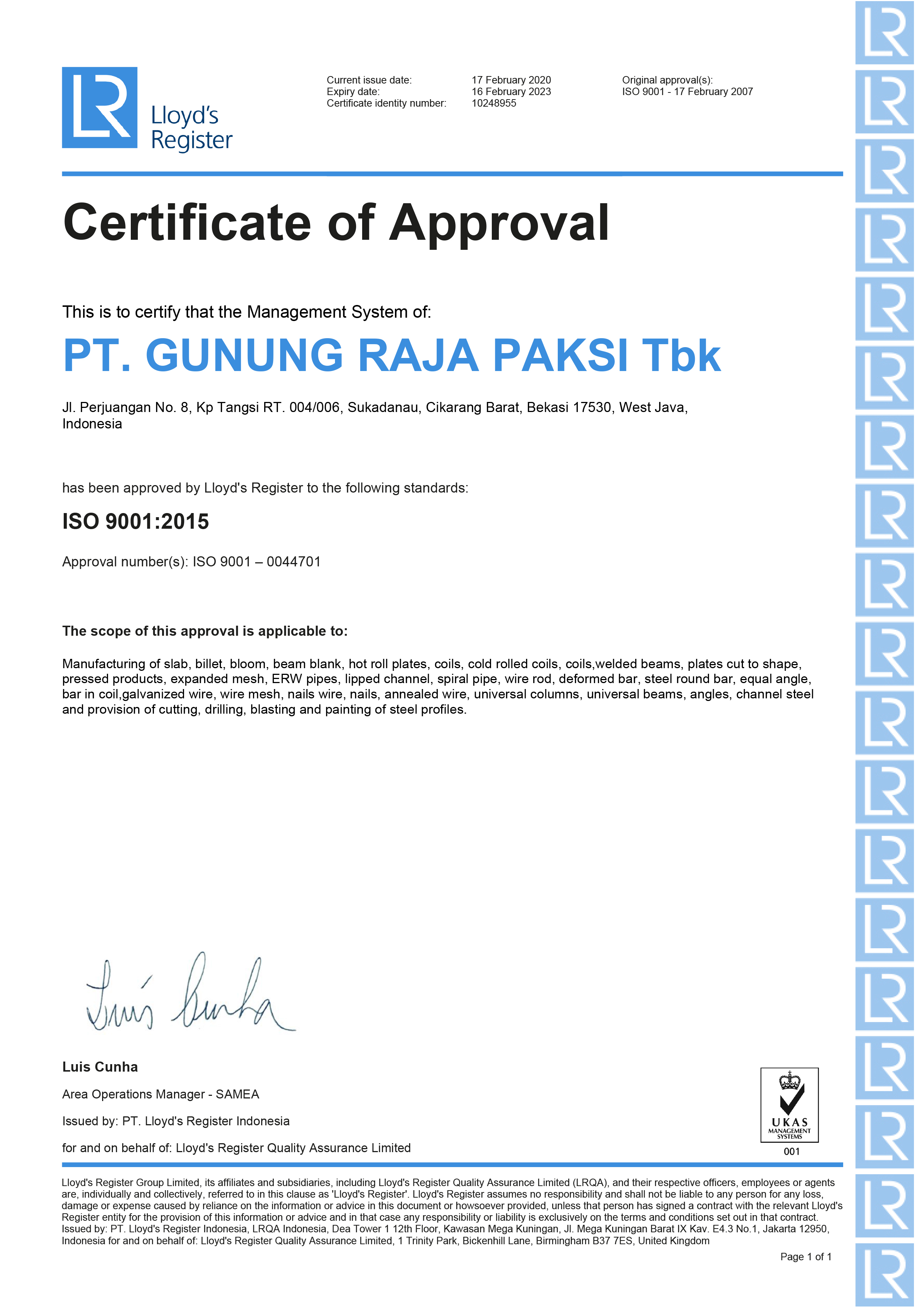 Certification Pt Gunung Raja Paksi Tbk Certification Pt Gunung Raja Paksi Tbk