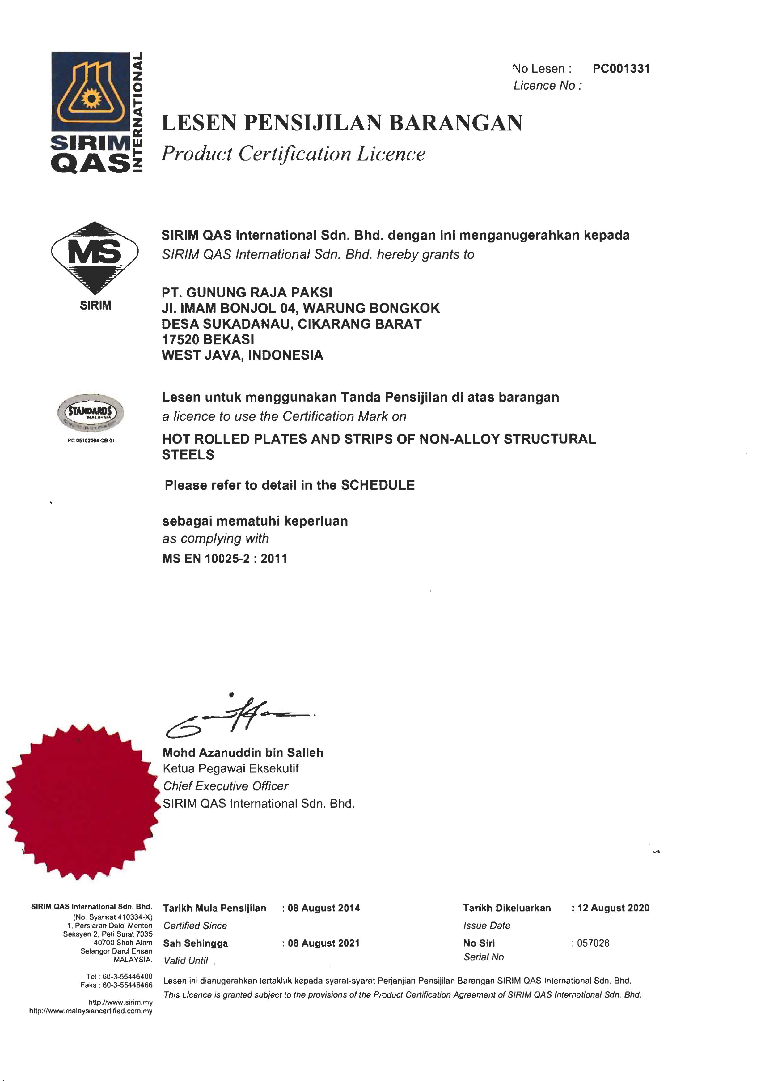Certification Pt Gunung Raja Paksi Tbk Certification Pt Gunung Raja Paksi Tbk